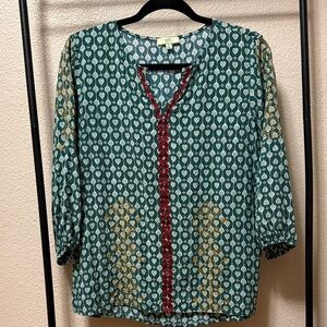 Kori Teal and Red Blouse with Gold Accents